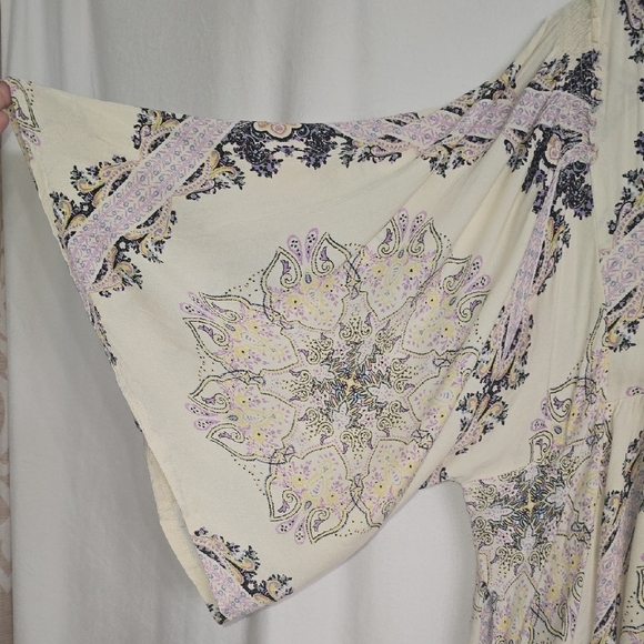 Free People Cream and Purple Patterned Tunic Top With Flowy Bell Sleves - Picture 3 of 8